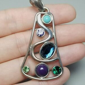 Vintage Lia Sophia Blue Green Rhinestone Pendant, Silver Tone Bell Shape